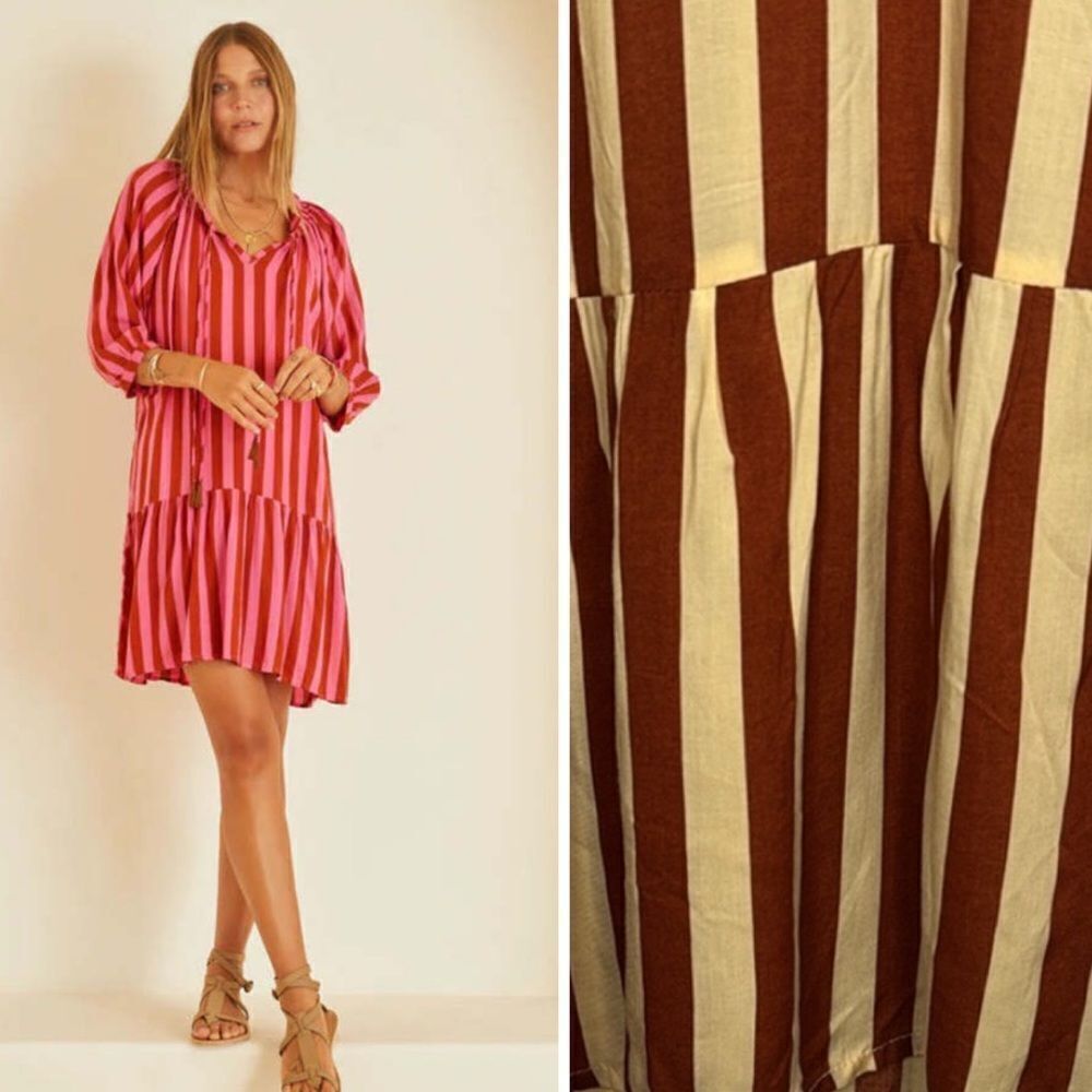 NWT Natalie Martin Stevie Dress Maroon/ Cream Bold Stripe XS